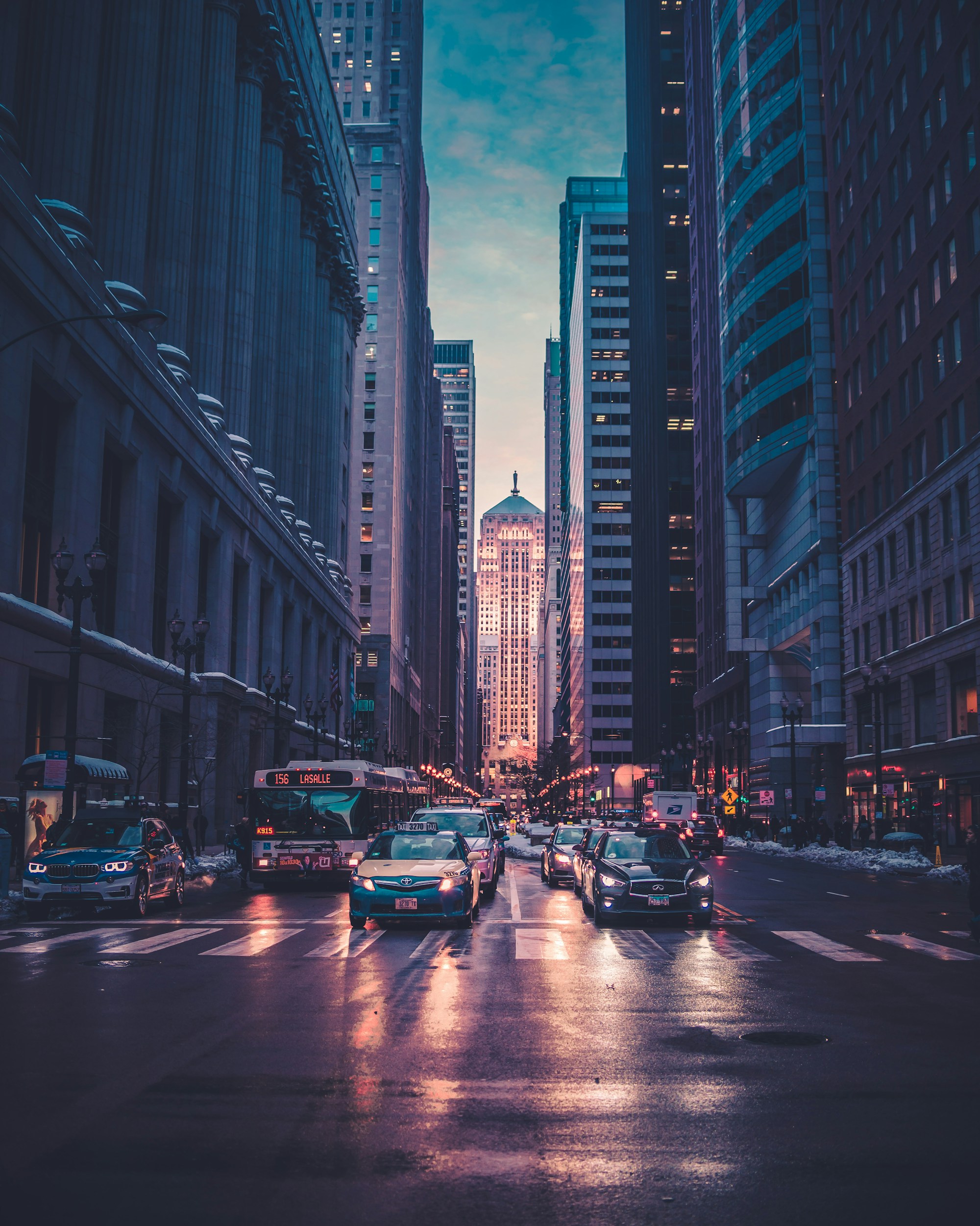 Illustrative city skyline at dusk